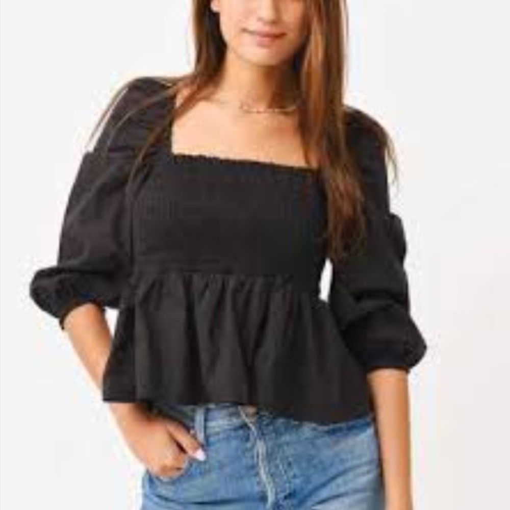 Trovata Birds of Paradis Black Cotton Smocked Puff Sleeve Peplum Top XS